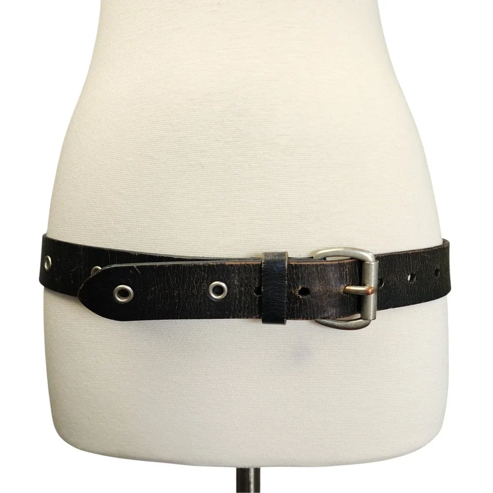 Mossimo Vintage Distressed Leather Grommet Belt Silver Roller Buckle Dark Brown